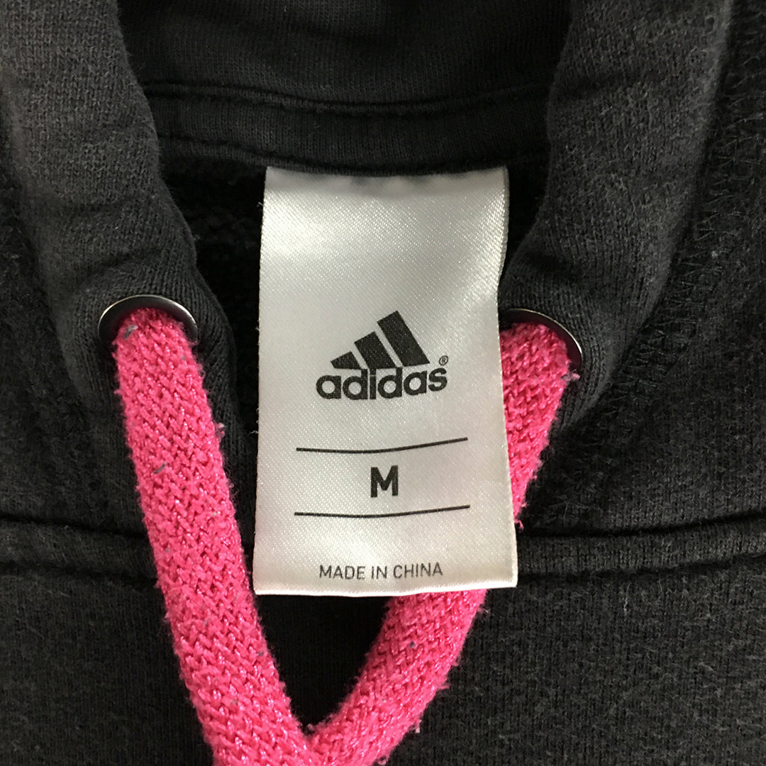 Adidas Womens Hoodie Sweater Size M Black Pink Logo Pockets Jumper