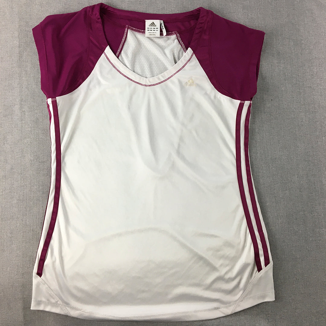 Adidas Womens T-Shirt Size L White Purple V-Neck Short Sleeve Climacool Top