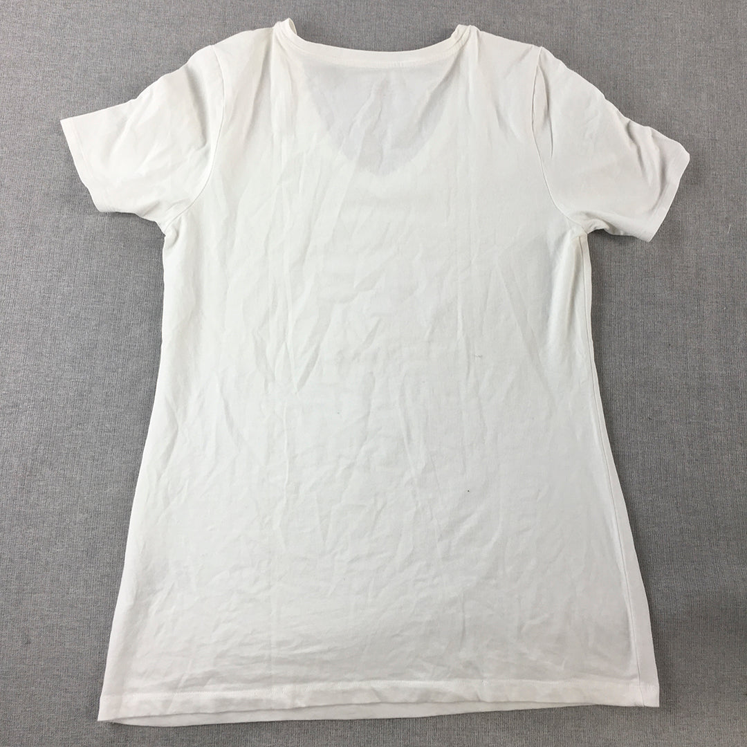 Giordano Womens T-Shirt Size XL Slim Fit White V-Neck Short Sleeve Top