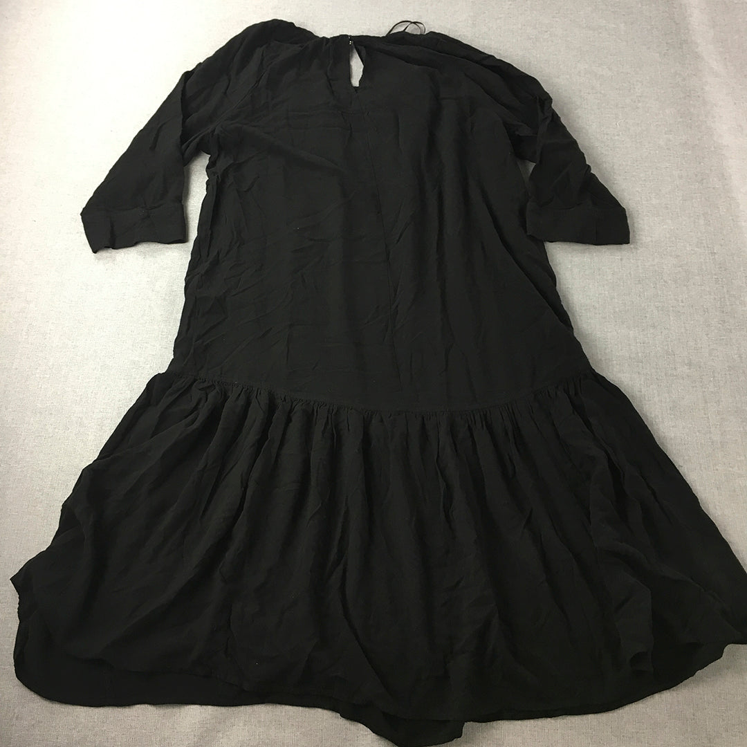 H&M Womens Midi Dress Size XS Black Fit Flare Pleated 3/4 Length Sleeves