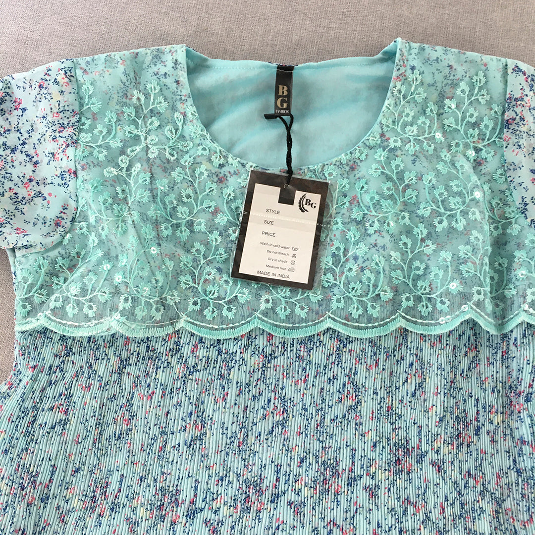 NEW BG Fashion Womens Mini Dress Size S Blue Pleated Floral A-Line