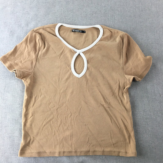 Beyond Her Womens Cropped Top Size 14 Brown Short Sleeve Stretch Fabric Shirt