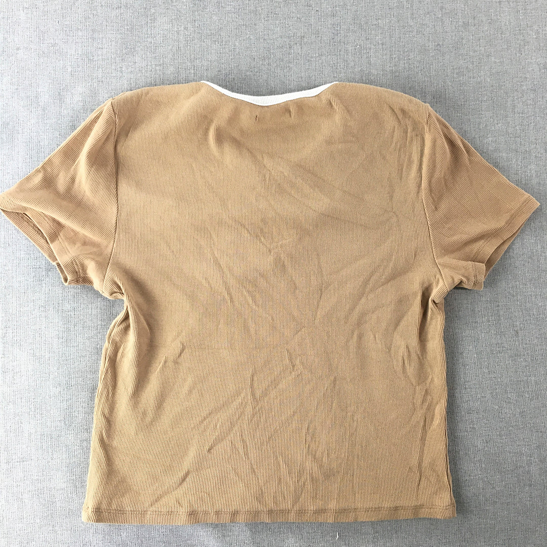 Beyond Her Womens Cropped Top Size 14 Brown Short Sleeve Stretch Fabric Shirt