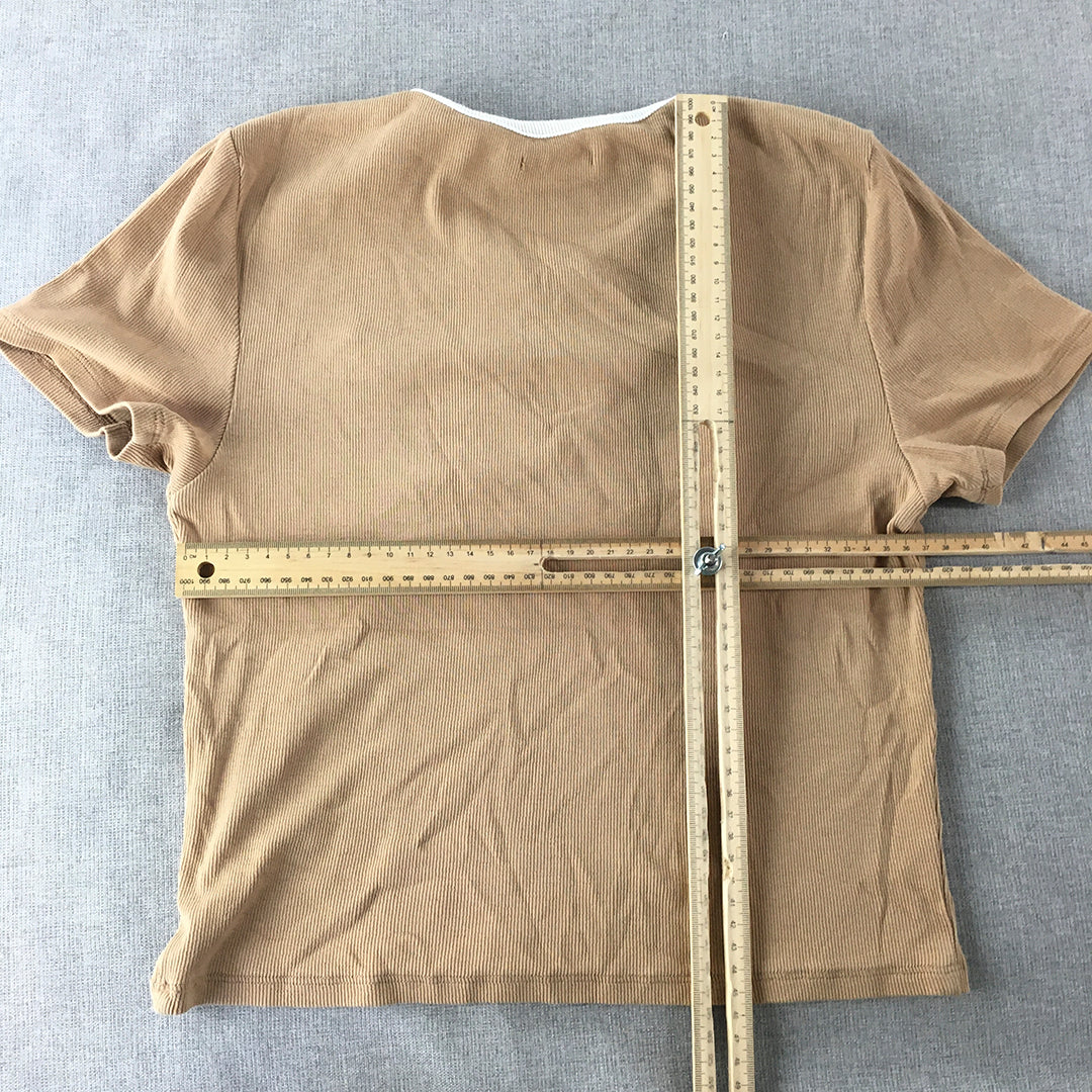 Beyond Her Womens Cropped Top Size 14 Brown Short Sleeve Stretch Fabric Shirt