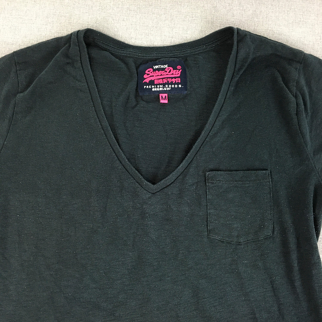 Superdry Womens T-Shirt Size M Navy Blue Pink Logo V-Neck Top