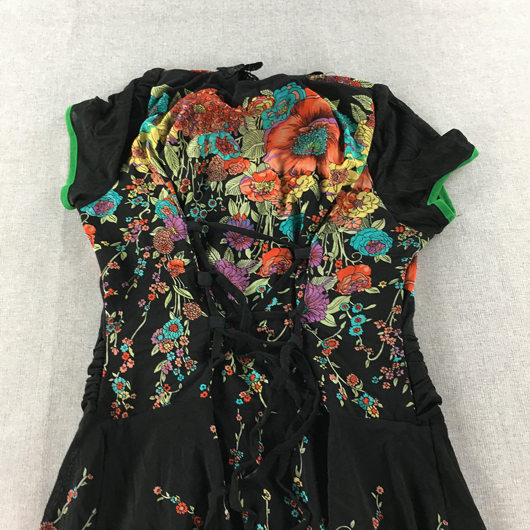 Mansfield Womens Mini Dress Size L Black Floral Short Sleeve Fit Flare