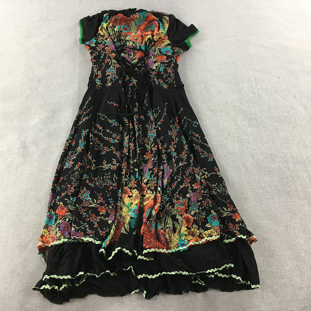 Mansfield Womens Mini Dress Size L Black Floral Short Sleeve Fit Flare