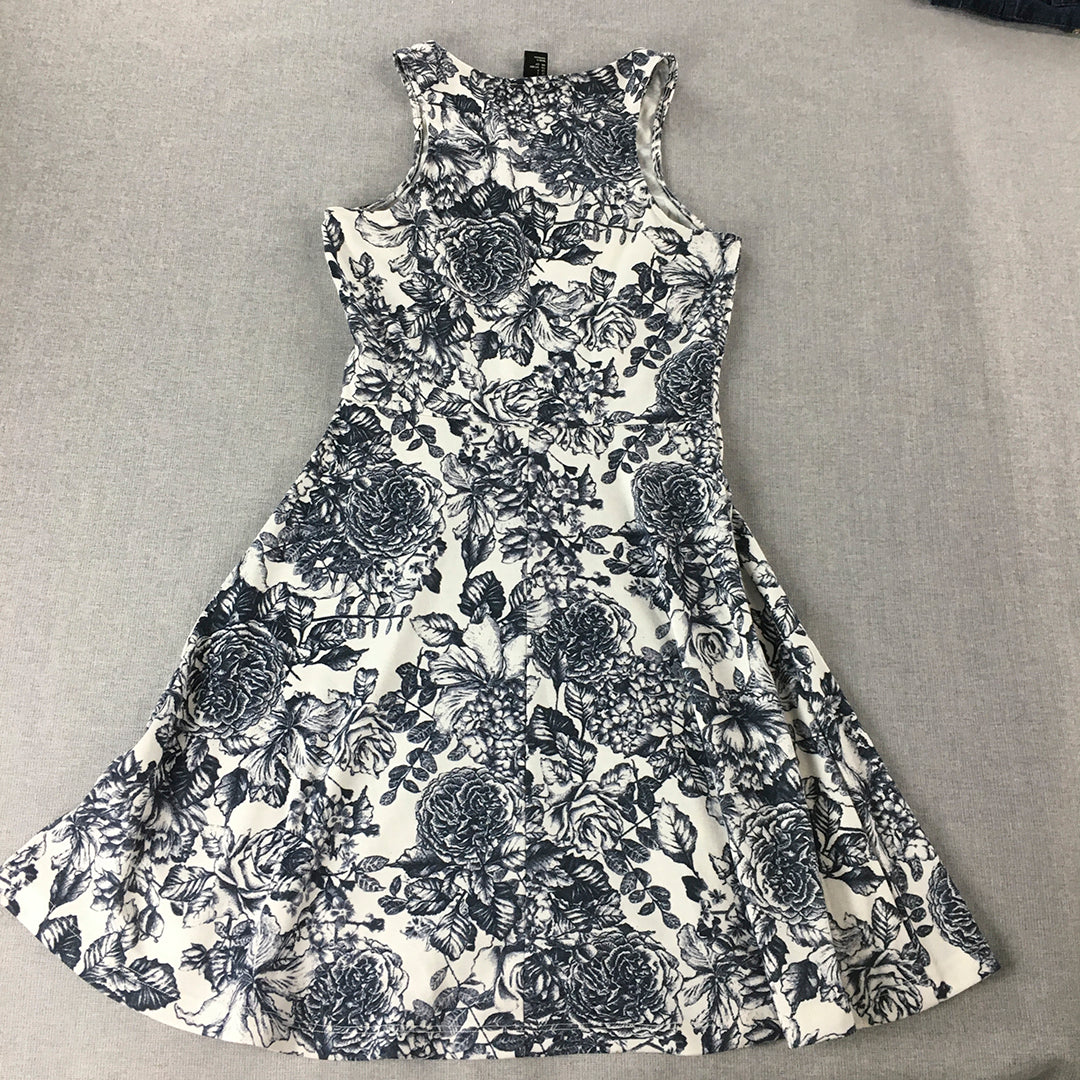 H&M Womens Mini Dress Size S White Blue Floral Fit & Flare Sleeveless