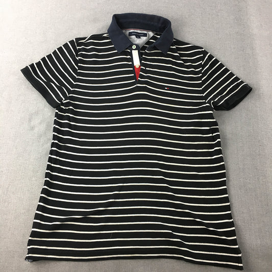 Tommy Hilfiger Mens Polo Shirt Size M Slim Fit Black Striped Logo Collared Rugby