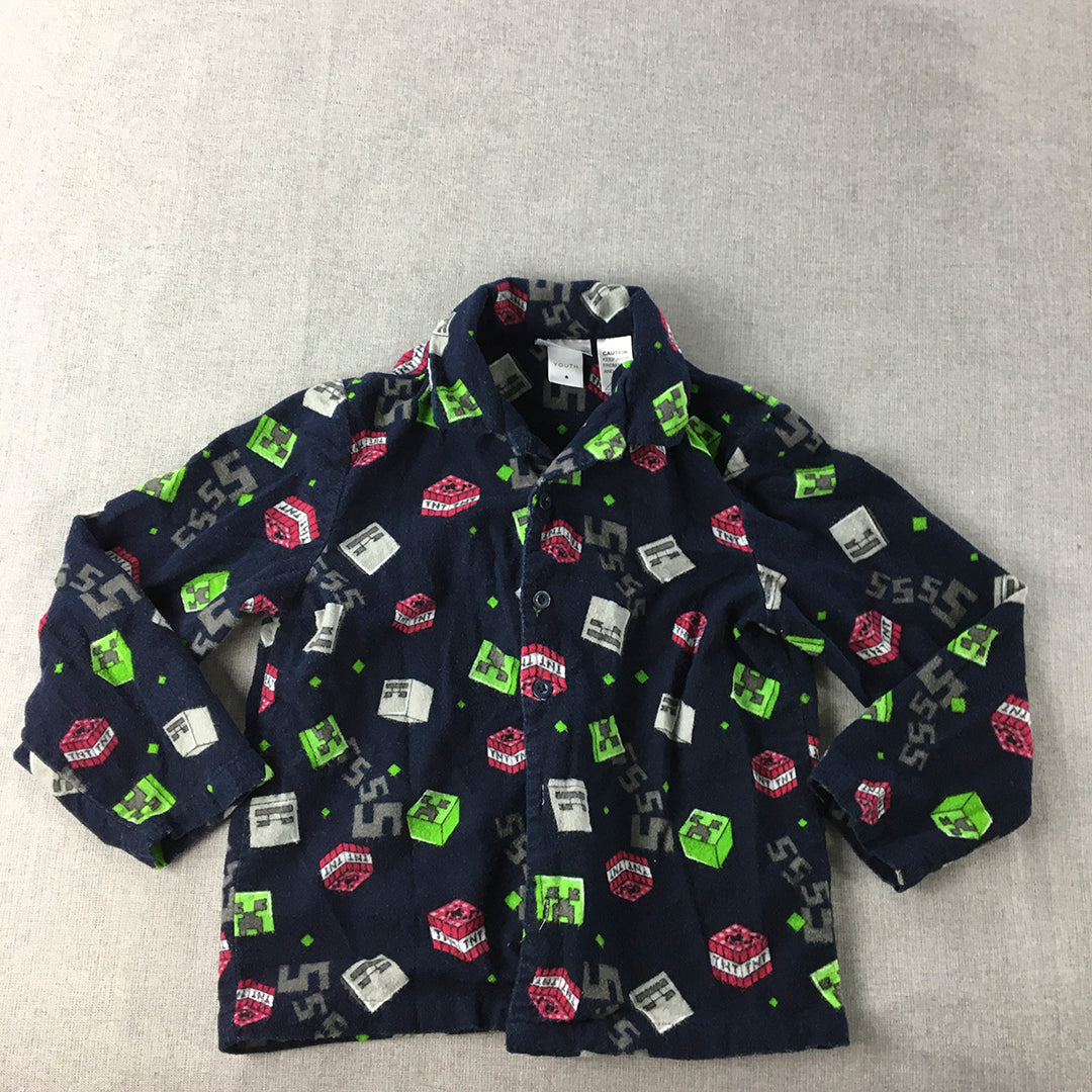 Minecraft Kids Boys Pajama Top Size 8 Navy Blue Button Up Sleep Shirt