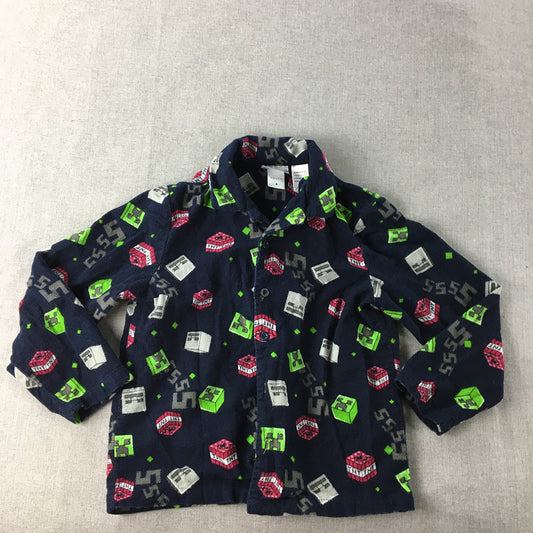 Minecraft Kids Boys Pajama Top Size 8 Navy Blue Button Up Sleep Shirt