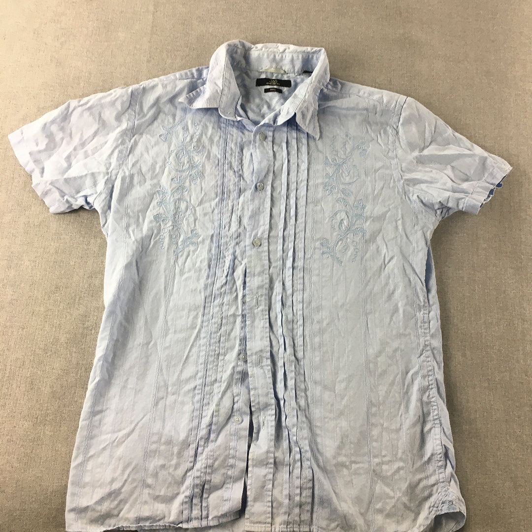 Jag Mens Shirt Size S Light Blue Short Sleeve Floral Embroidered Button-Up