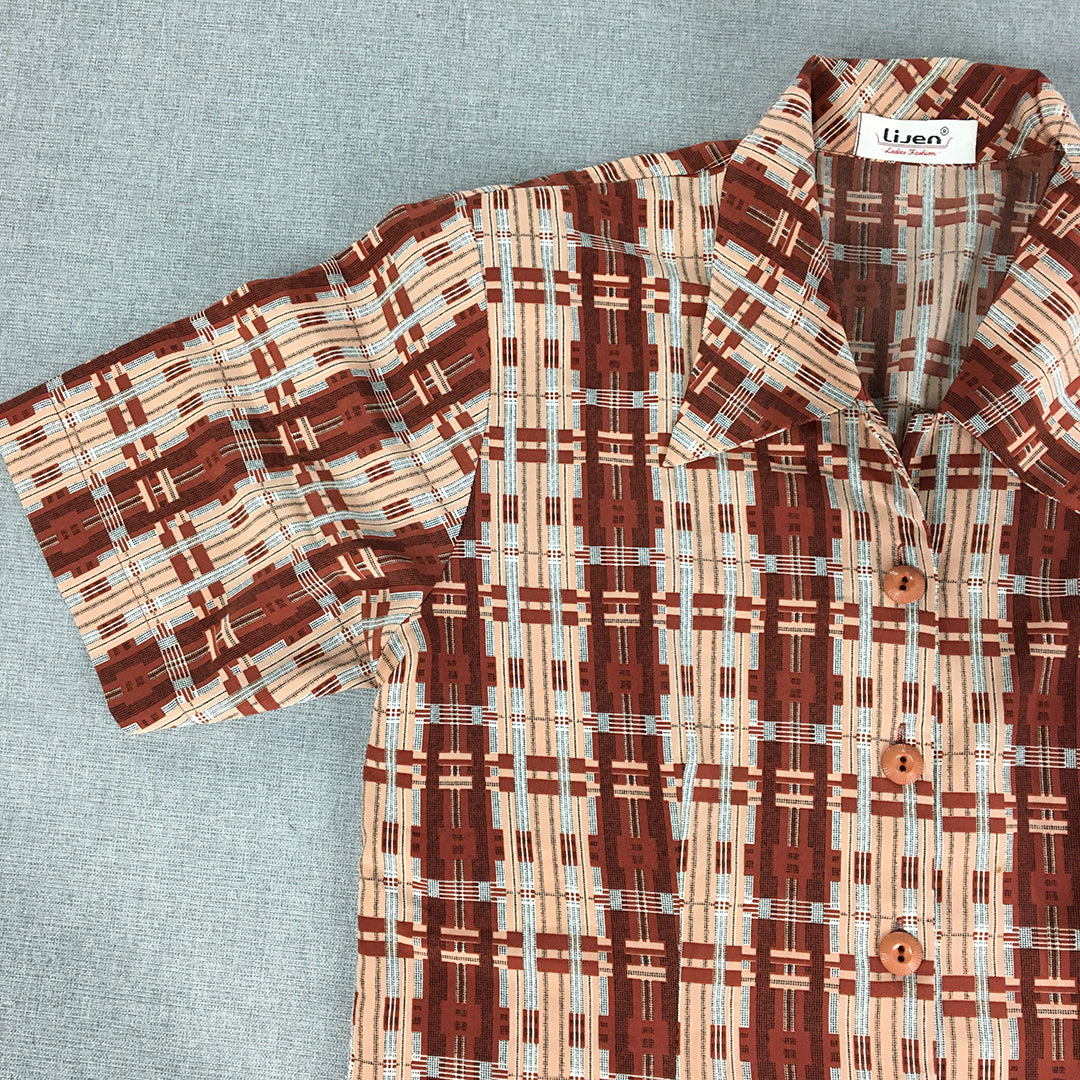 Vintage Lijen Womens Shirt Size 10 Red Abstract Geometric Striped Button-Up