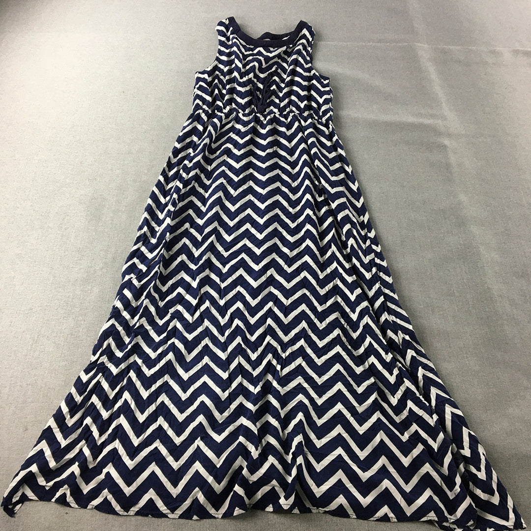 Valleygirl Womens A-Line Dress Size 10 Blue White Chevron Striped Sleeveless