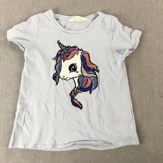 H&M Kids Girls T-Shirt Size 7 - 8 Years Blue Sequin Unicorn Pony Horse Top