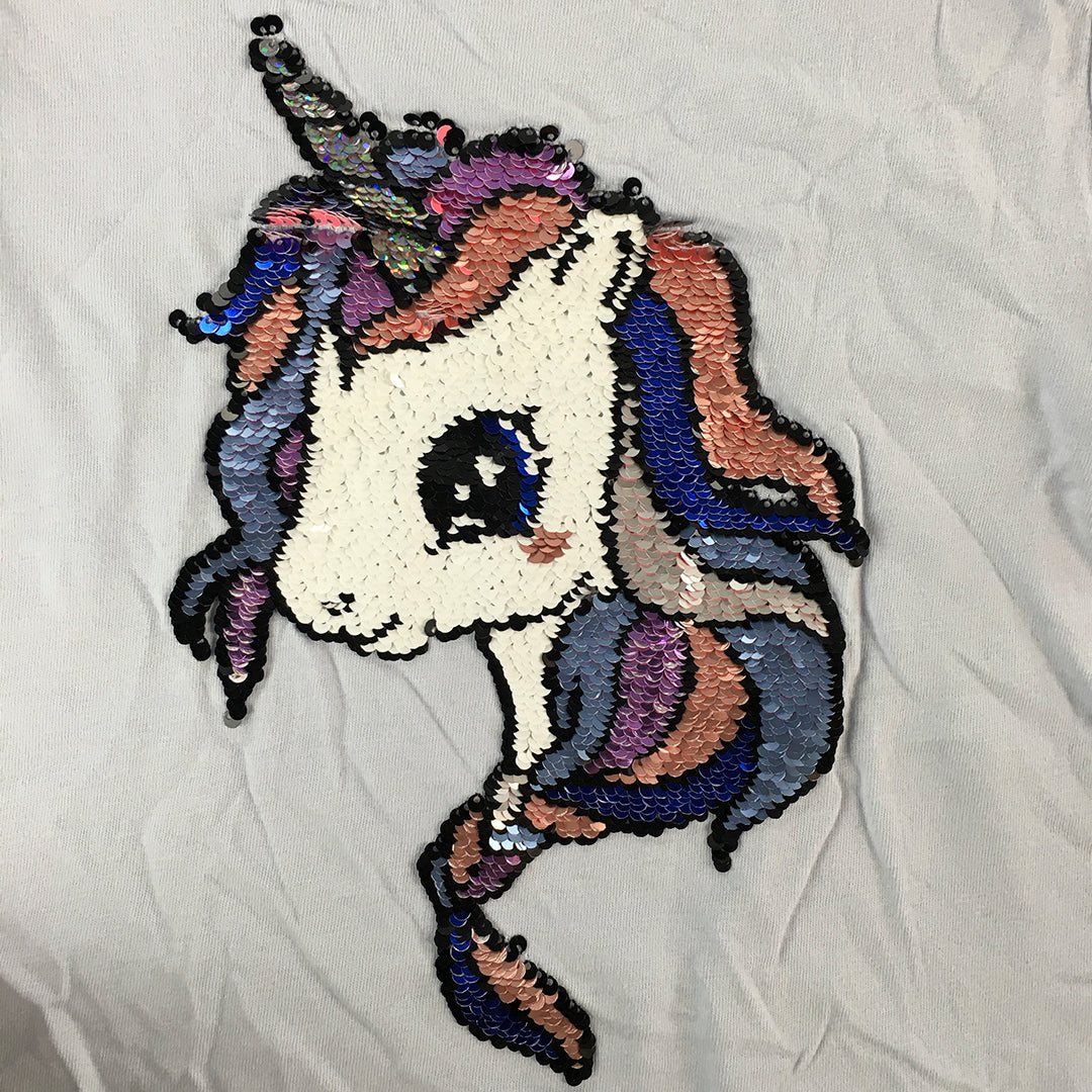 H&M Kids Girls T-Shirt Size 7 - 8 Years Blue Sequin Unicorn Pony Horse Top