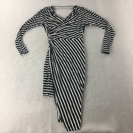 Fresh Soul Womens Dress Size 6 Black White Striped Long Sleeve Wrap Stretch Midi