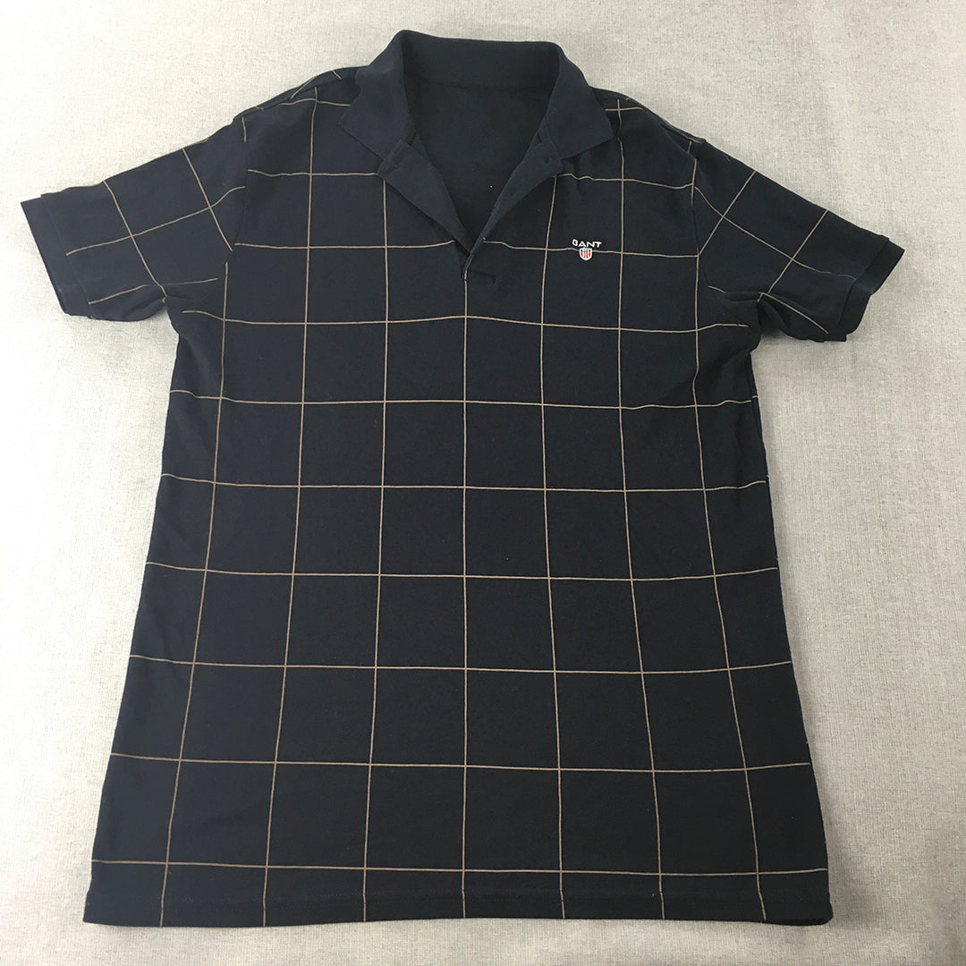 Vintage Gant Mens Polo Shirt Size M Black Checkered Logo Collared Rugby