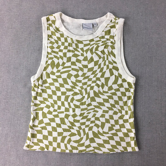 Ghanda Womens Cropped Tank Top Size 10 White Green Checkered Sleeveless Shirt