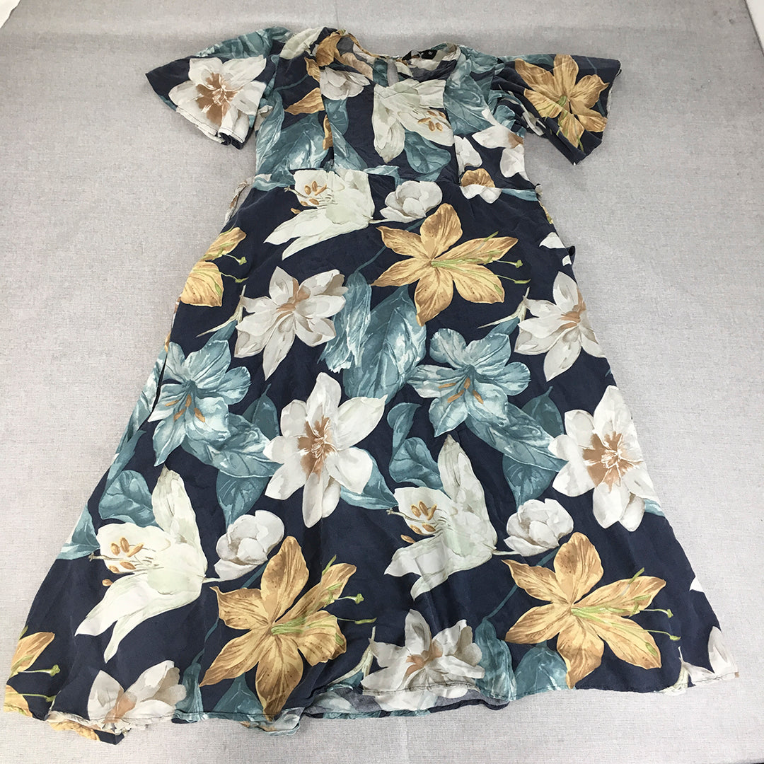 AV2 Womens A-Line Dress Size L Blue Floral V-Neck Midi Short Sleeve