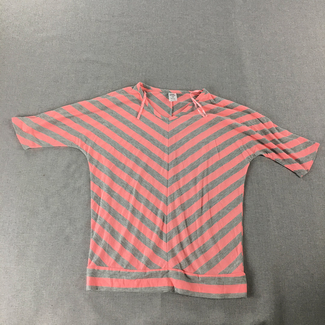 Miss Understood Kids Girls Knit Top Size 14 Pink Grey Striped 1/2 Length Shirt