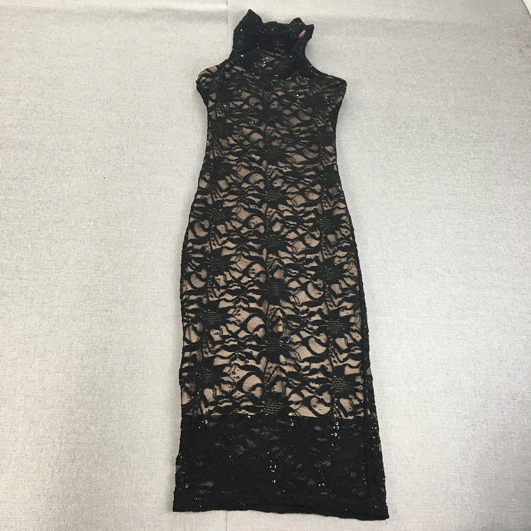 Lipsy London Womens Evening Gown Size 10 Black Floral Lace Bodycon Midi