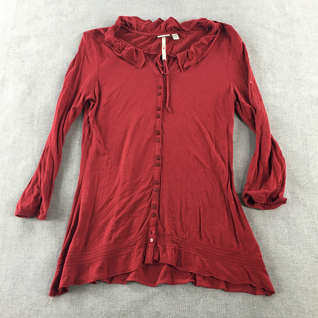 Esprit Womens Cardigan Size S Red Long Sleeve Button Frilled Neckline