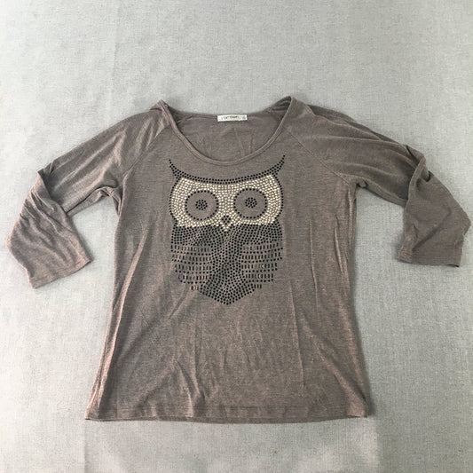 Paper Scissors Womens Knit Top Size L Brown Owl Studded Long Sleeve Shirt