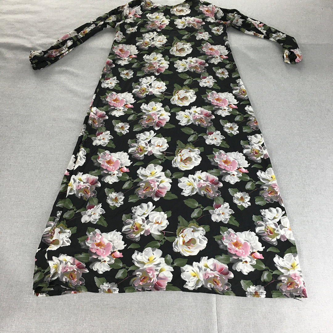 Honey Lulu Womens Maxi Dress Size 14 Black Floral Long Sleeve A-Line Long