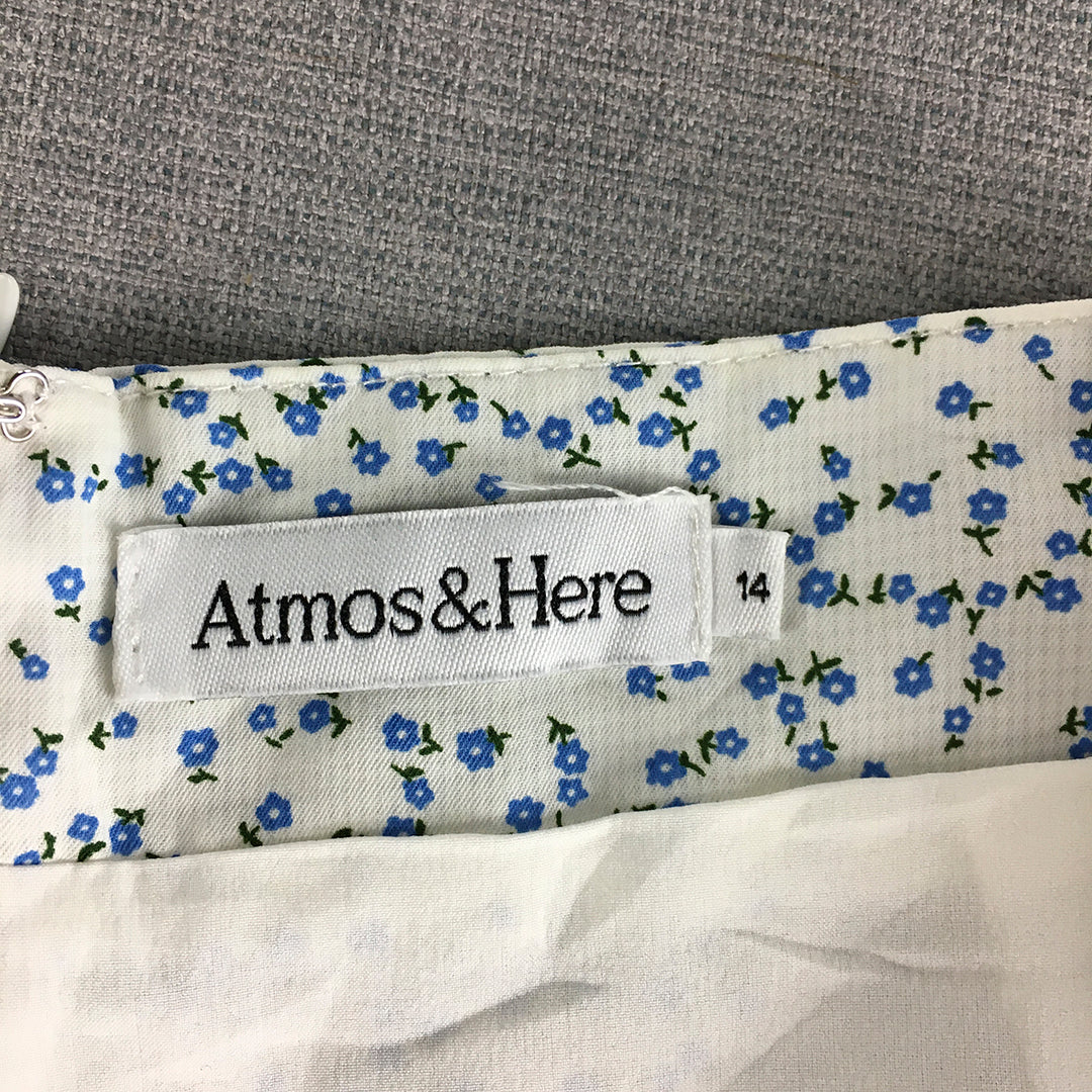 Atmos & Here Womens Mini Skirt Size 14 White Blue Floral A-Line