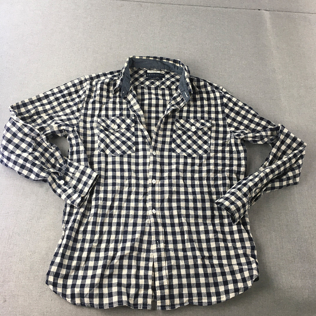 Article One Mens Shirt Size L White Blue Checkered Long Sleeve Button-Up