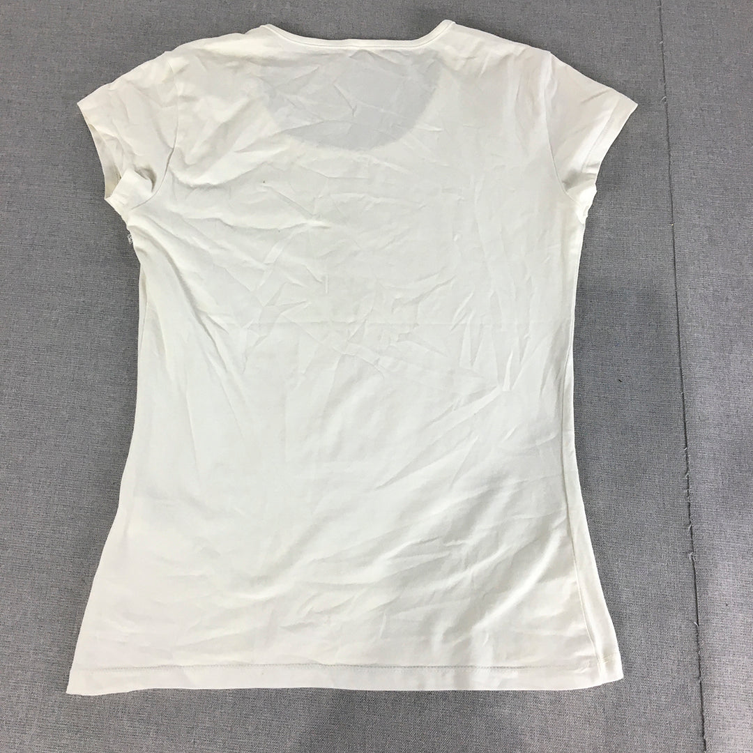 Guess Womens T-Shirt Size L White Diamante Logo Short Sleeve Top Stretch