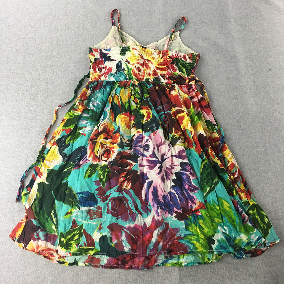 Aman Womens Mini Dress Size S Blue Yellow Floral Sleeveless A-Line Pleated