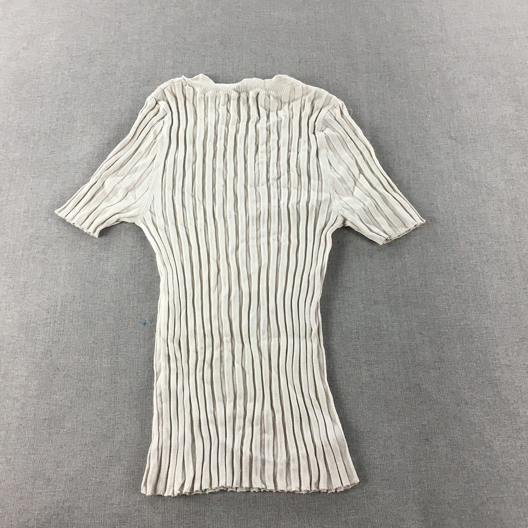 Zara Womens Knit Top Size S White Stretch Fabric Short Sleeve Shirt