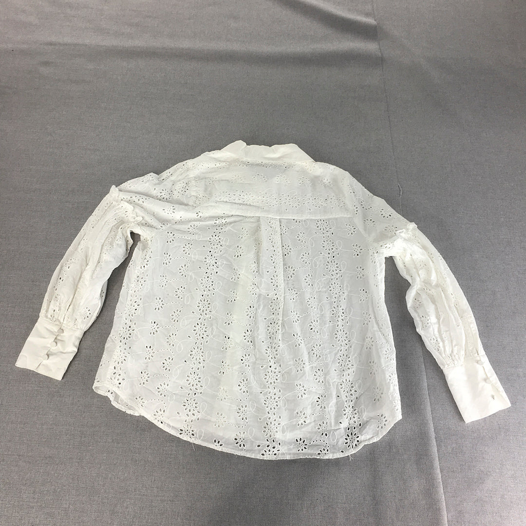 Decjuba Womens Top Size 12 White Long Sleeve Floral Lace Button-Up Long Sleeve