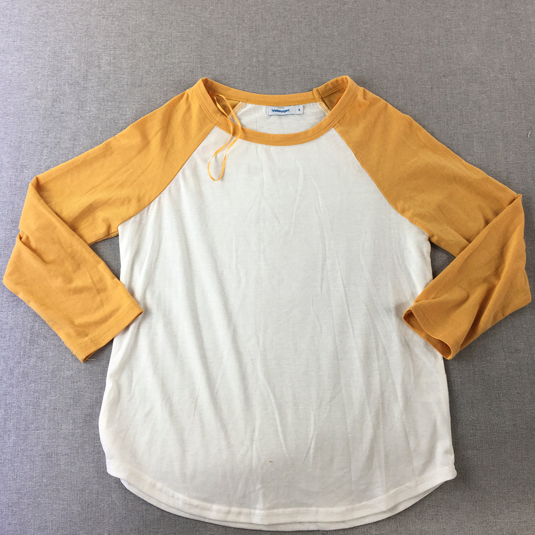 Valleygirl Womens Top Size S White Yellow Stretch Long Sleeve Pullover Shirt