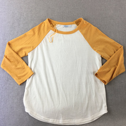 Valleygirl Womens Top Size S White Yellow Stretch Long Sleeve Pullover Shirt