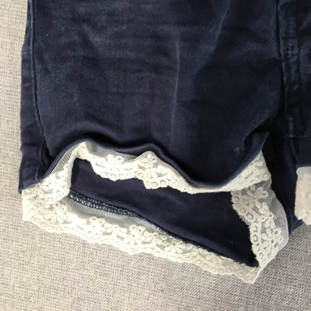 H&M Kids Girls Denim Shorts Size 6 - 7 Years Navy Blue Floral Lace Hem