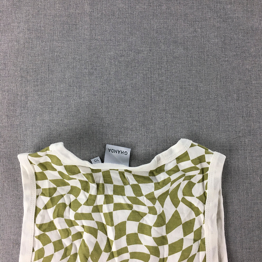 Ghanda Womens Cropped Tank Top Size 10 White Green Checkered Sleeveless Shirt