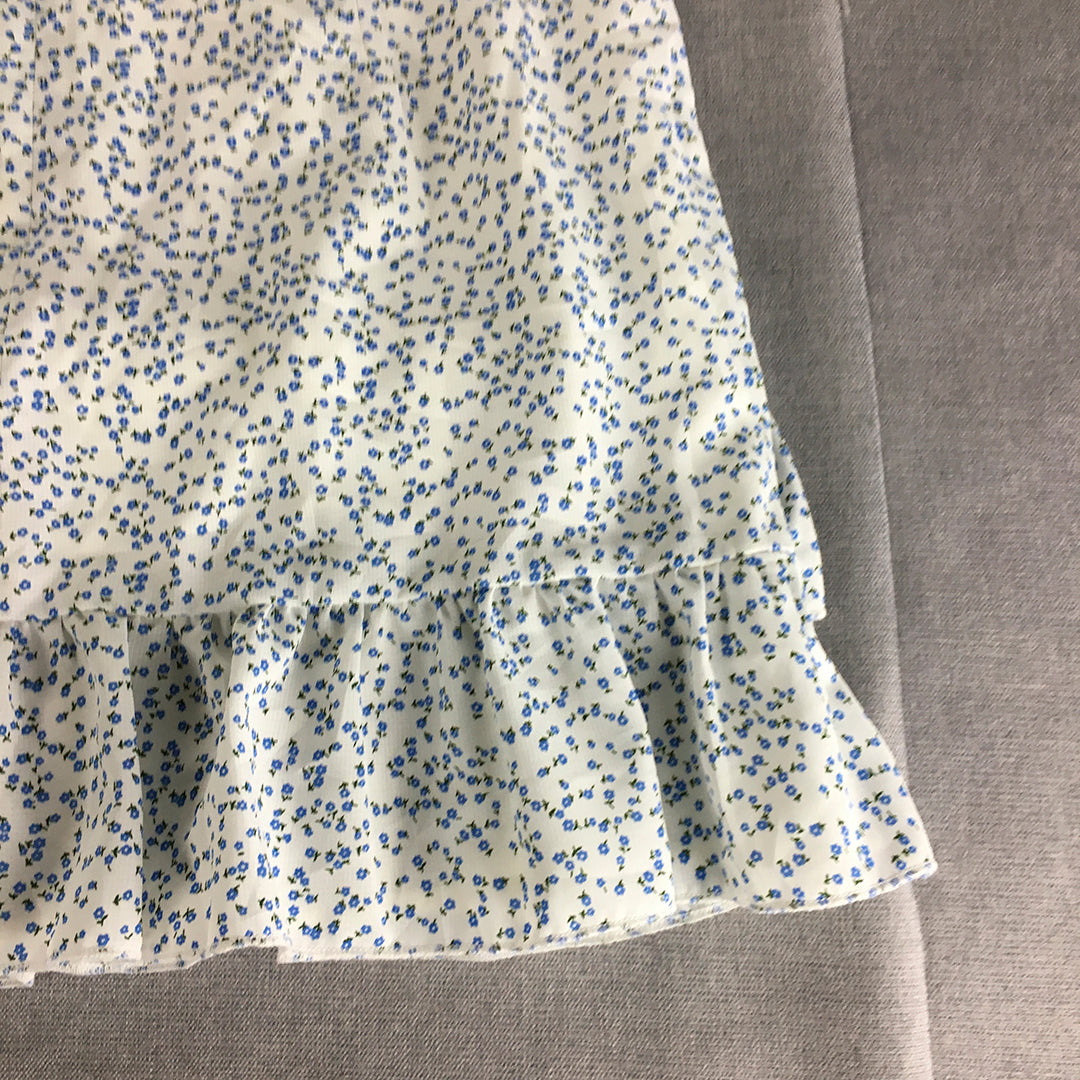 Atmos & Here Womens Mini Skirt Size 14 White Blue Floral A-Line