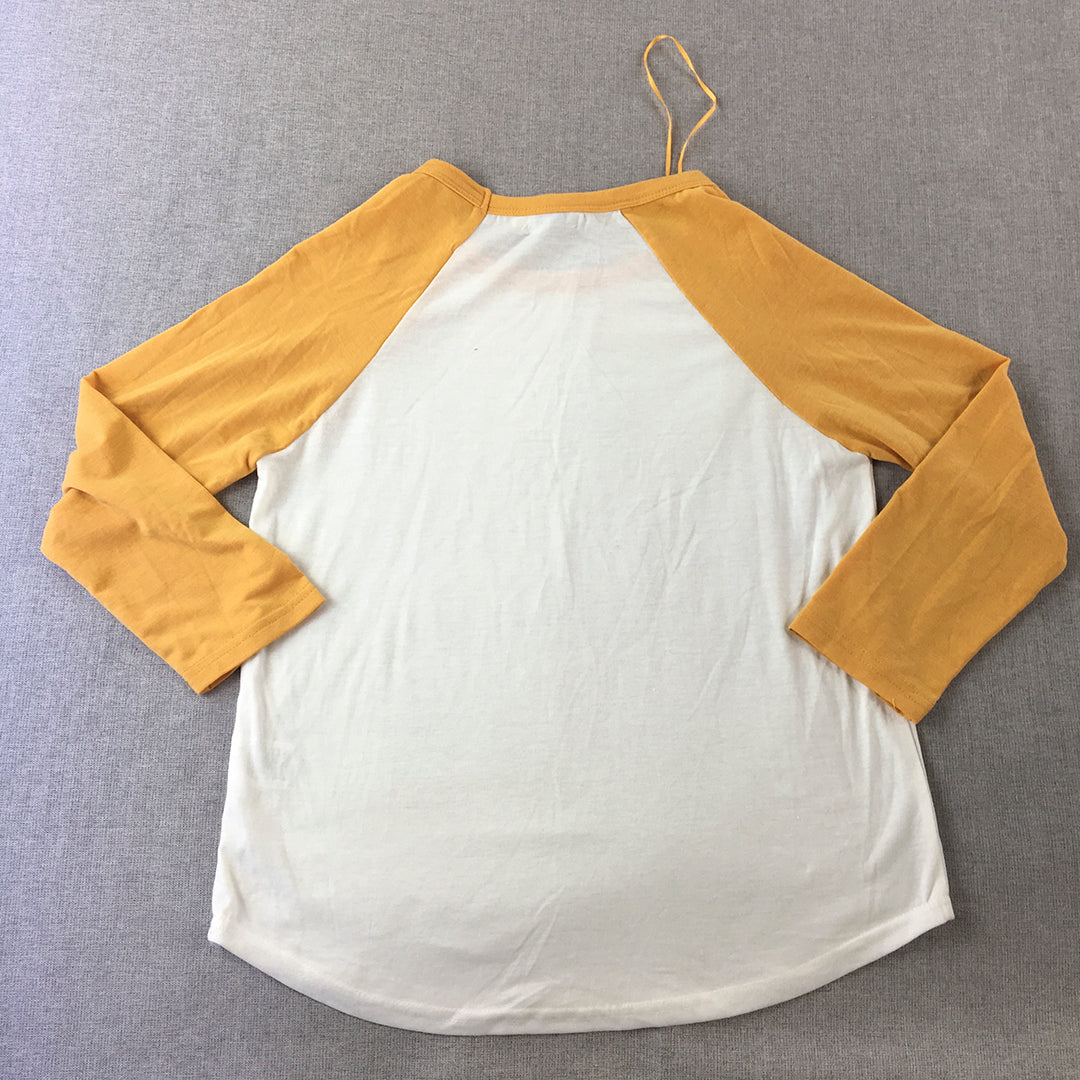 Valleygirl Womens Top Size S White Yellow Stretch Long Sleeve Pullover Shirt