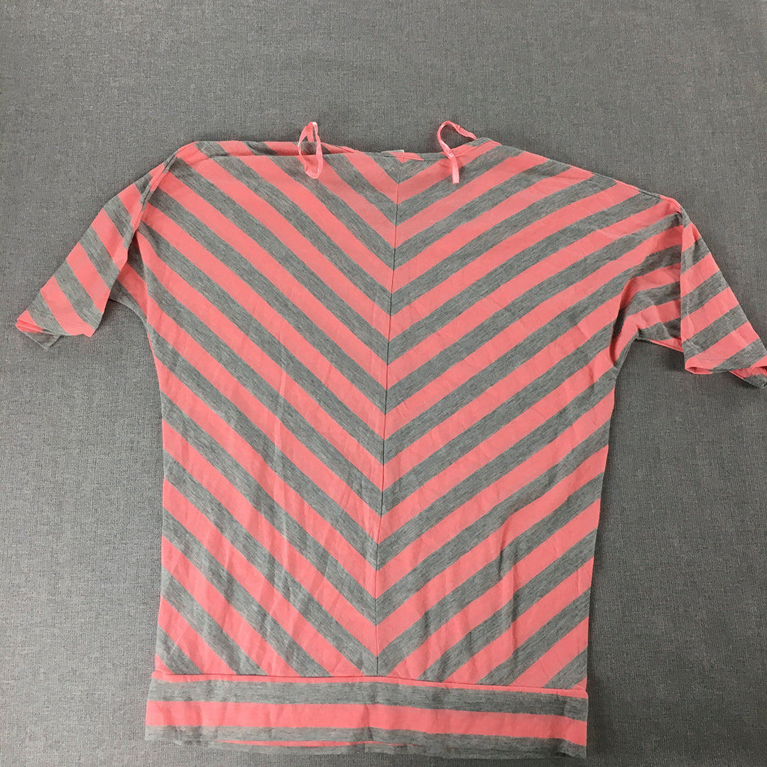 Miss Understood Kids Girls Knit Top Size 14 Pink Grey Striped 1/2 Length Shirt