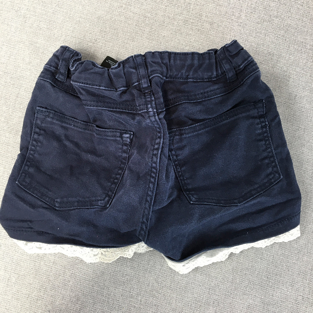 H&M Kids Girls Denim Shorts Size 6 - 7 Years Navy Blue Floral Lace Hem