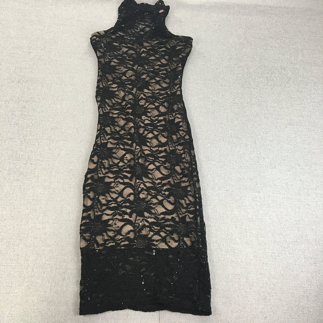 Lipsy London Womens Evening Gown Size 10 Black Floral Lace Bodycon Midi