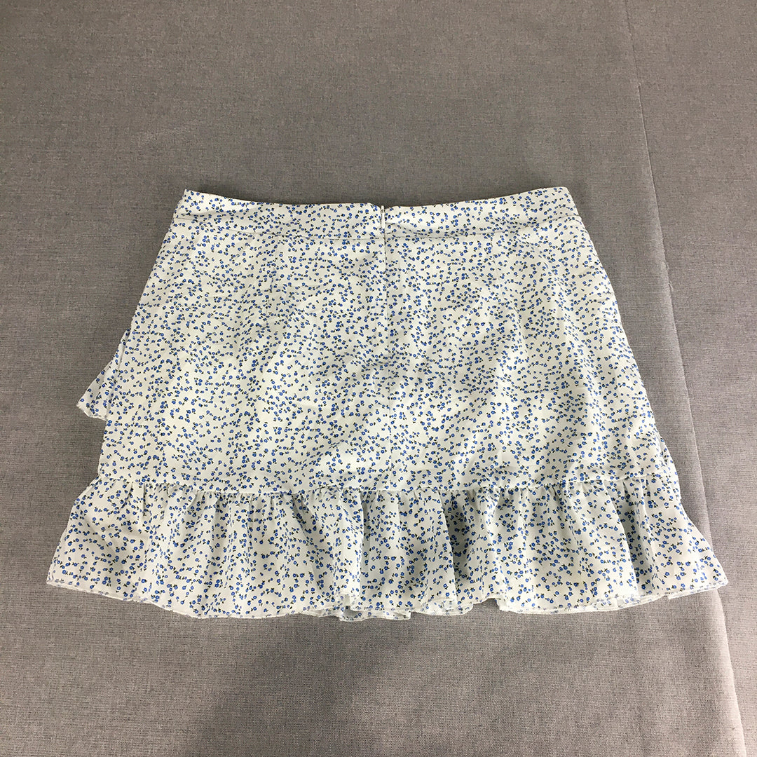 Atmos & Here Womens Mini Skirt Size 14 White Blue Floral A-Line