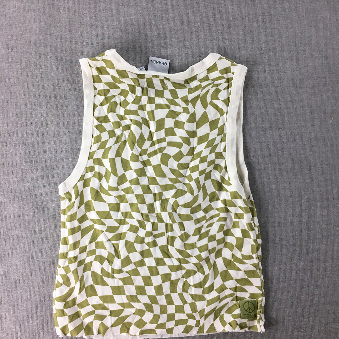 Ghanda Womens Cropped Tank Top Size 10 White Green Checkered Sleeveless Shirt