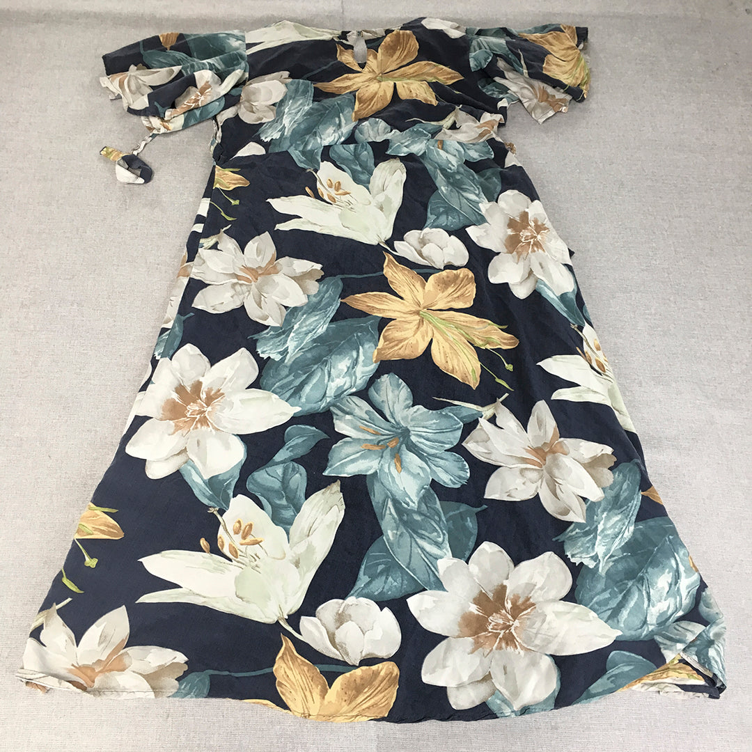 AV2 Womens A-Line Dress Size L Blue Floral V-Neck Midi Short Sleeve