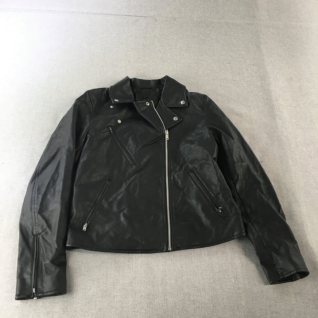 Uniqlo Womens Faux Leather Jacket Size S Black Zip-Up Biker Moto Collared