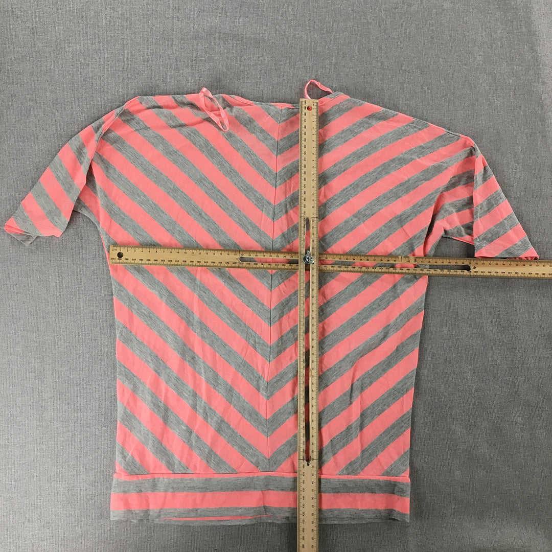 Miss Understood Kids Girls Knit Top Size 14 Pink Grey Striped 1/2 Length Shirt