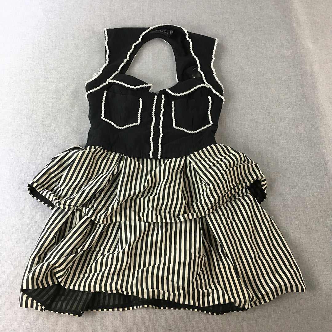 Shakuhachi Womens Silk Mini Dress Size 10 Black White Striped Frilled Fit Flare